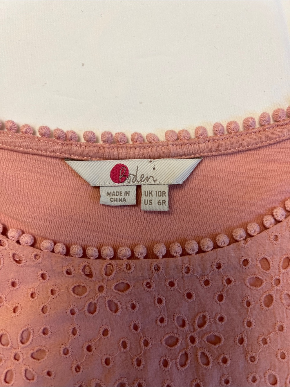 Boden Cleo Broderie Slub Jersey Top Pink Eyelet Cotton Lace Long Sleeve US 6R - Picture 7 of 14